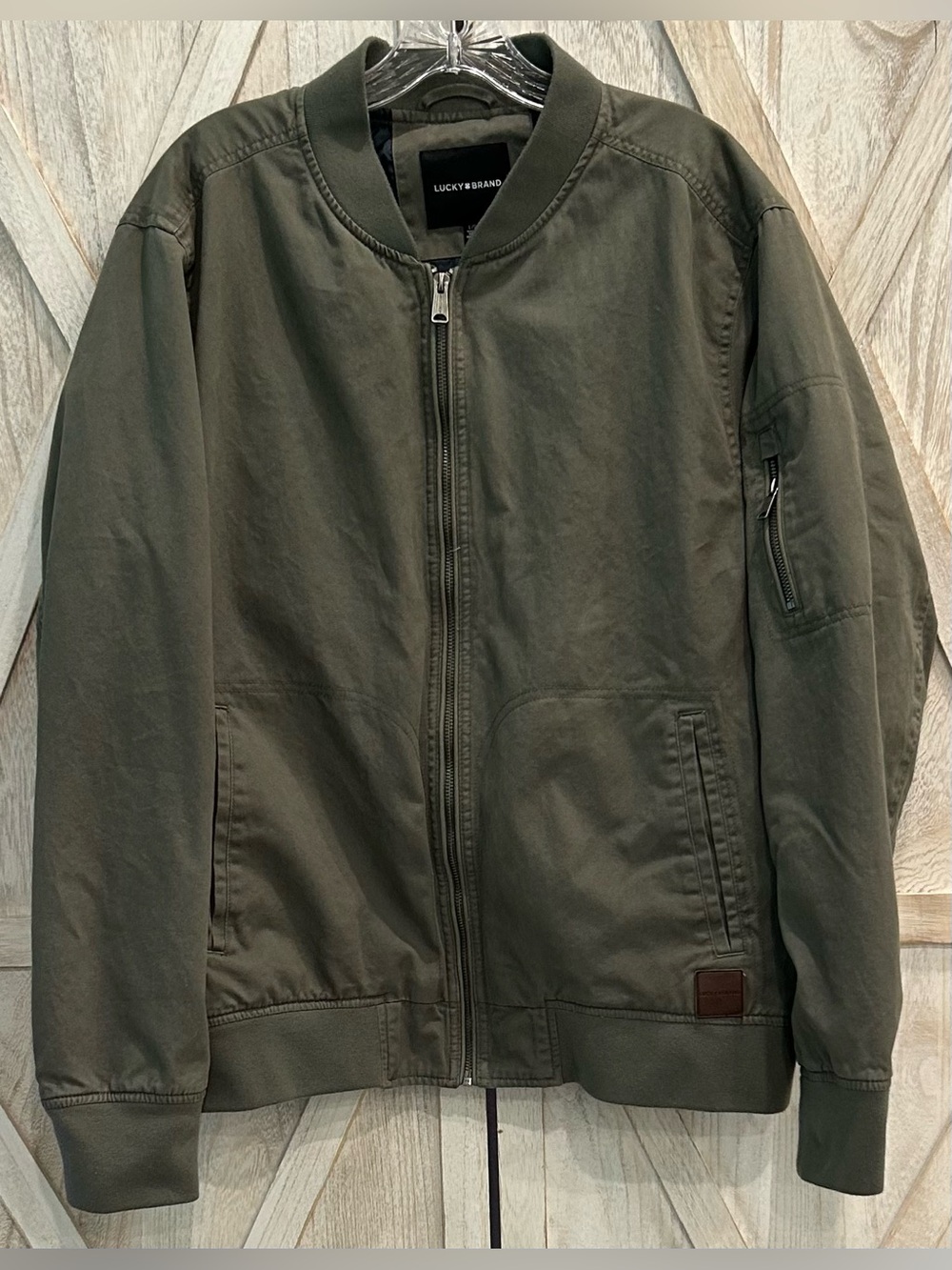 Lucky Brand Men’s Large Olive GRE Bomber Jacket with Zip Sleeve Pocket Cotton